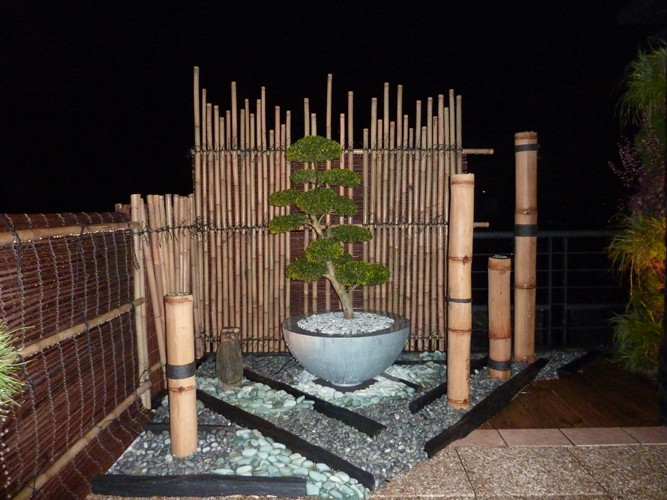 Mise en place d'un éclairage qui valorise le jardin japonais. - Travaux en cours